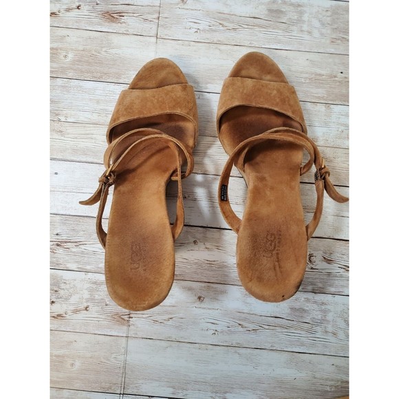 Womens UGG Jullita Brown Suede Cork Wedge Heels Open Toe Sandal Size 8 - Picture 2 of 9